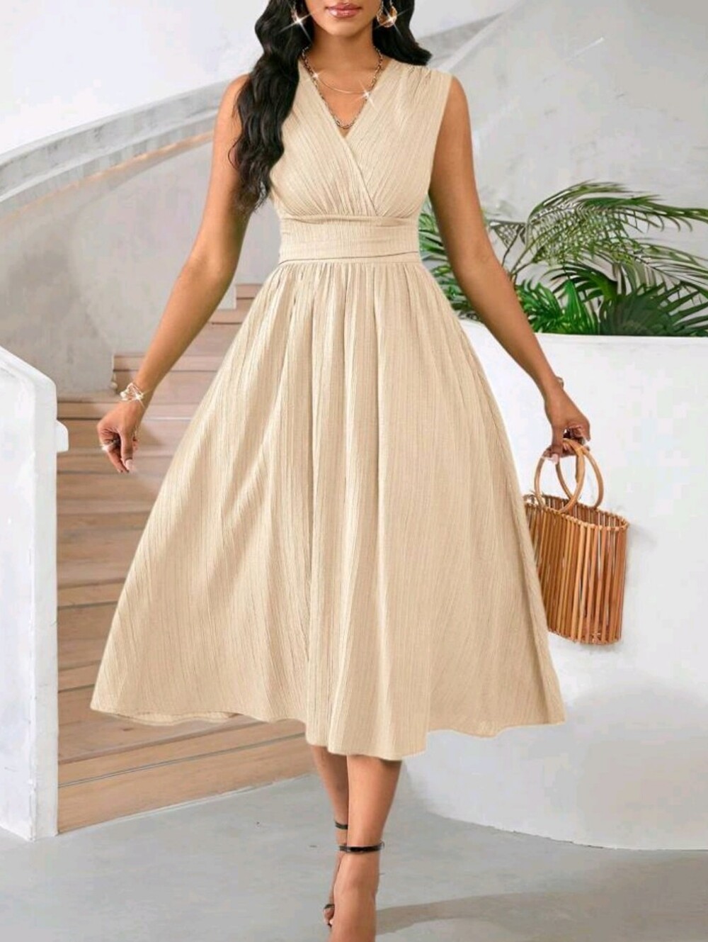 Sleeveless V-Neck Midi Dress in Beige